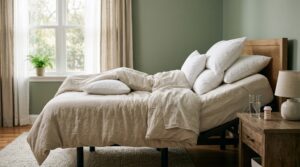 Comfortable bedroom recovery setup showing elevated pillows — how to sleep after a tummy tuck