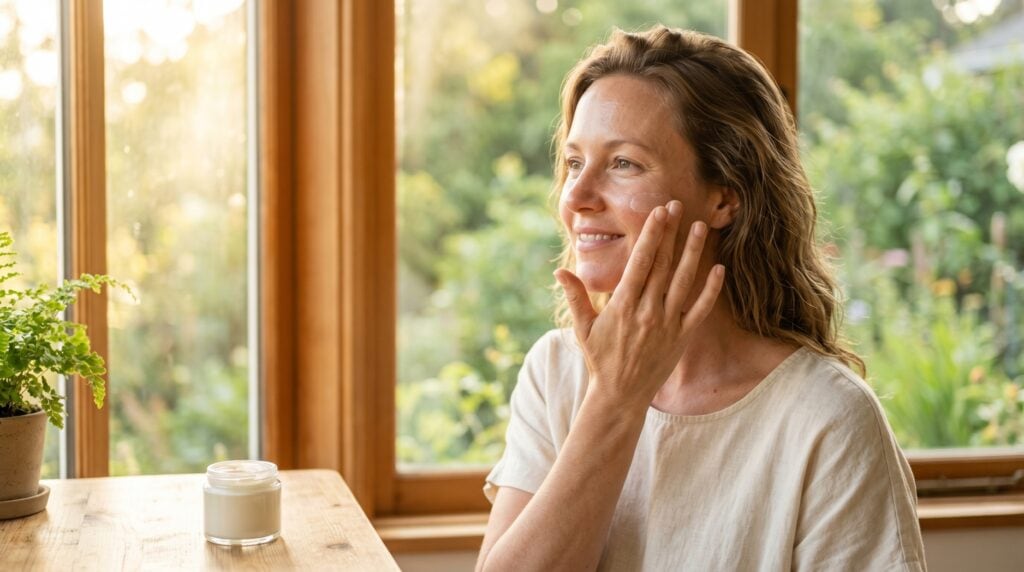 Woman applying broad-spectrum sunscreen to protect her skin and reverse summer sun damage in Duluth