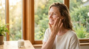 Woman applying broad-spectrum sunscreen to protect her skin and reverse summer sun damage in Duluth