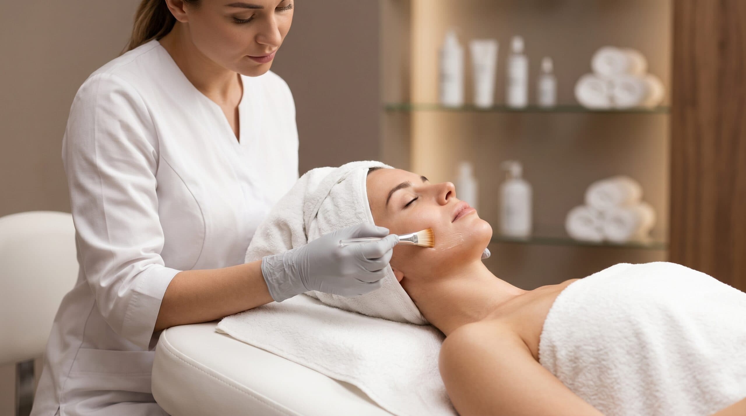 Licensed aesthetician performing a professional micropeel facial treatment to reverse summer sun damage