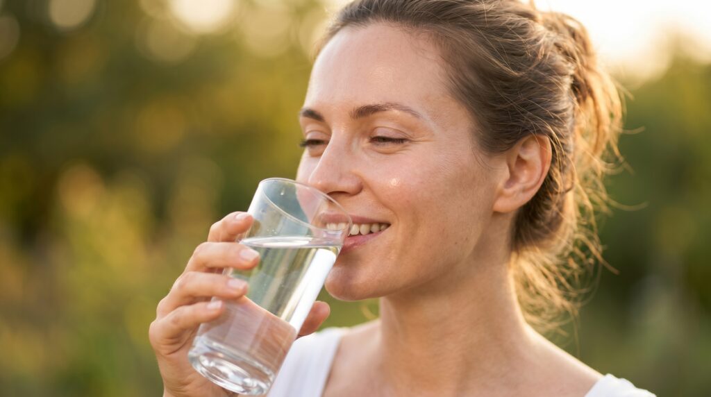 Woman with healthy, hydrated skin drinking a glass of water outdoors, showing how hydration supports a summer skin care routine