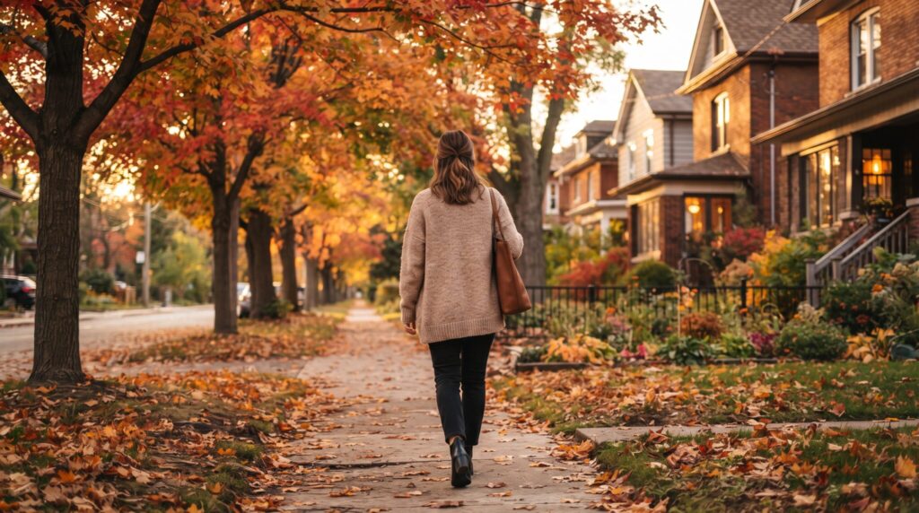 Woman in a cardigan walking a street lined with autumn maples, representing the best time for a mommy makeover in fall
