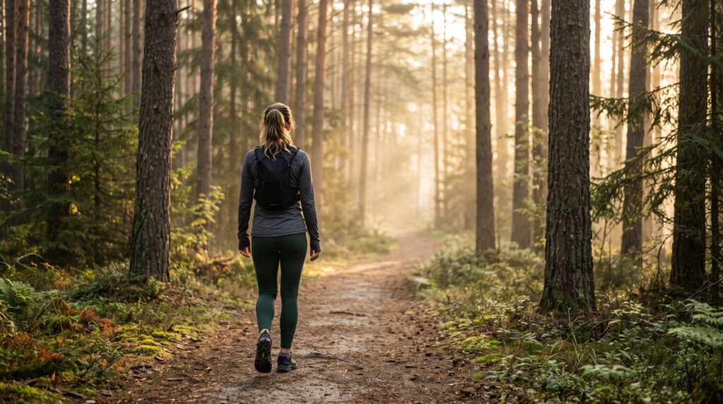 Woman walking a wooded trail at sunrise, representing the signs you need a breast reduction and a return to comfortable activity