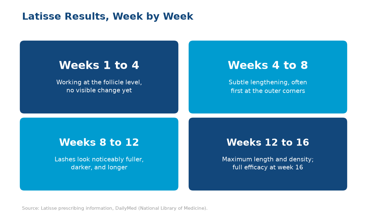 Week-by-week Latisse results chart showing how long does Latisse take to work, from weeks 1 to 16