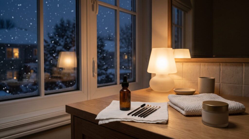 Nightly skin care vanity with a serum bottle and applicator brushes on a winter evening, showing how long does Latisse take to work with nightly use